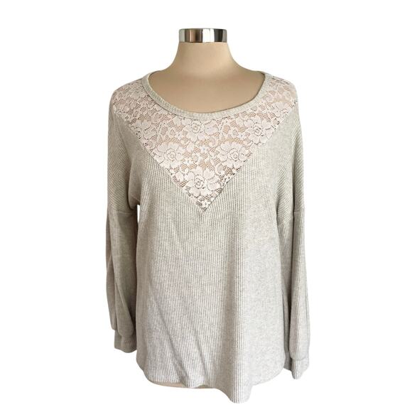 Bibi Waffle Oatmeal Waffle Knit Lace Yoke Top Baloon Sleeves LARGE Casual Fall - Picture 1 of 6